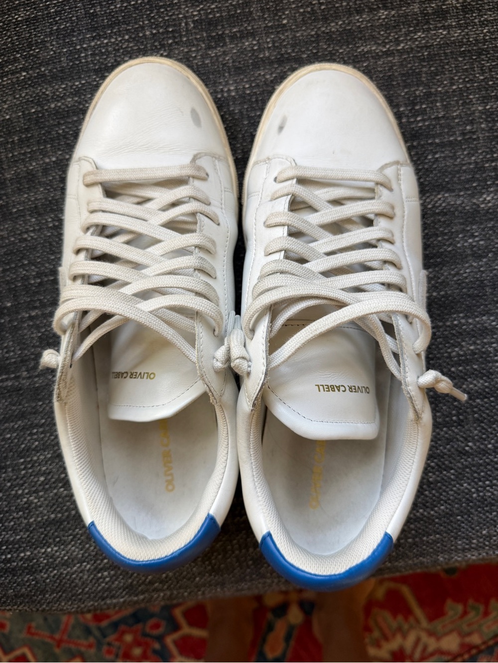 Oliver Cabell White Leather Sneakers with Blue Heel Accent